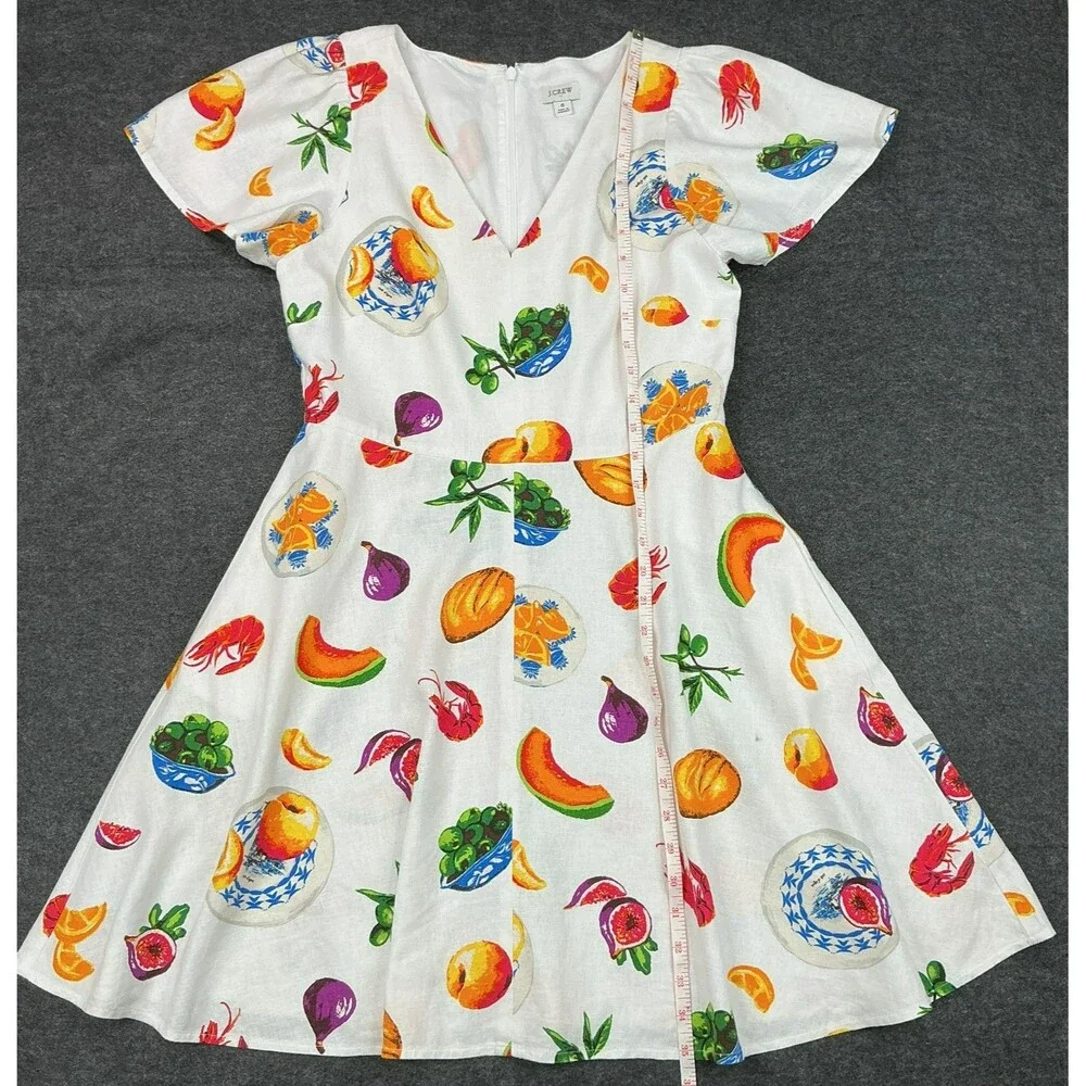 J.Crew Fruit Print Dress Size 6 Linen Blend Quirky Fit Flare Resort Teacher Twee